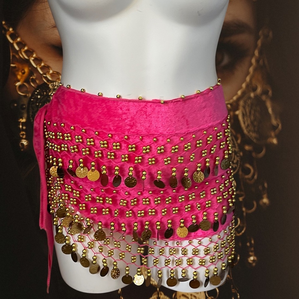 Vintage Pink Velvet Belly Dance Hip Scarf Gold Coins Boho Festival Coin Belt O/S